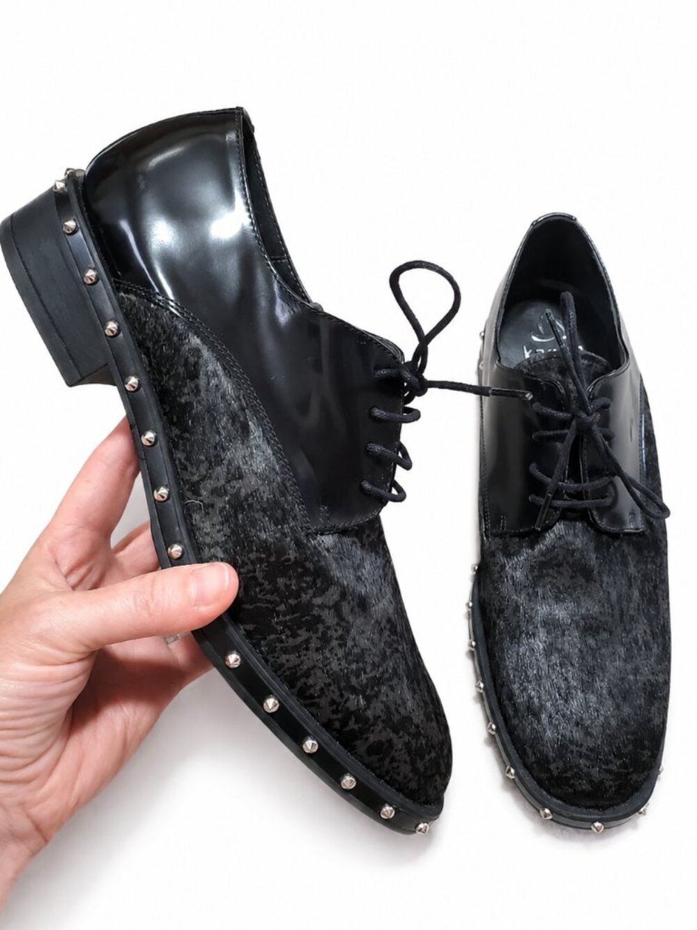 KANNA Pony Hair Studded Oxford Shoes Black 40EU Patent Leather Academia Loafers